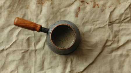 A vintage coffee pot with a wooden handle rests on textured fabric, capturing the essence of a warm beverage experience and culinary artistry.の素材