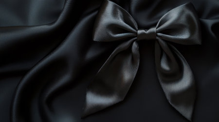 An elegant black satin bow rests on a soft silky surface, creating a luxurious feel. This image showcases texture and sophistication, ideal for various design projects.の素材
