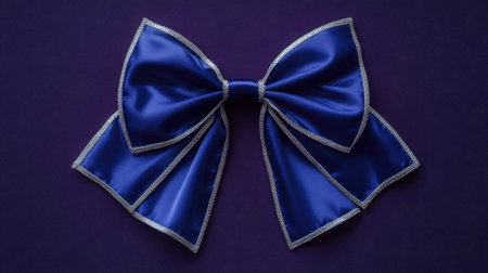 This stunning royal blue satin bow features silver edges, perfectly poised on a deep purple background. Ideal for fashion, crafts, and gift wrapping!の素材