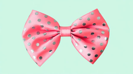 A vibrant pink satin bow adorned with shiny silver polka dots against a soft mint background. Perfect for various accessories or decorations.の素材