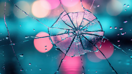 A close-up of a broken glass fragment featuring intricate cracks and water droplets against a vibrant, colorful bokeh background, creating an artistic effect.の素材