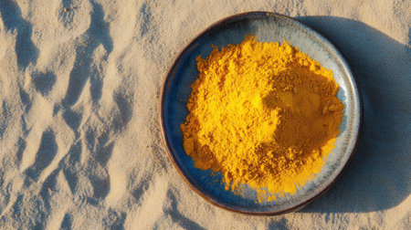 A close-up view of vibrant yellow turmeric powder displayed in a decorative plate, set against a textured sandy background, highlighting its rich color and fine texture.の素材