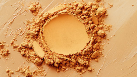 Close-up image of fine orange powder arranged in a circle on a smooth beige surface, ideal for showcasing makeup concepts or color palettes.の素材