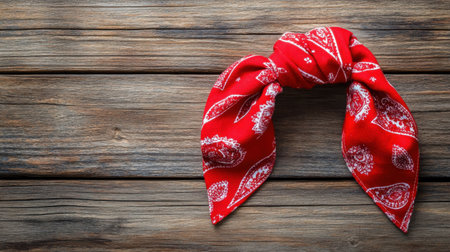 A vibrant red bandana tied in a stylish knot rests on a wooden surface. This image showcases rustic charm and is perfect for fashion and DIY inspirations.の素材