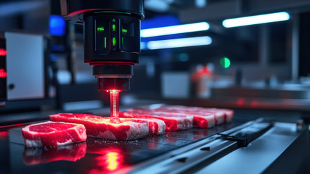 High-tech laser technology showcases precision meat cutting in a modern facility, emphasizing quality control and innovative food processing methods.の素材