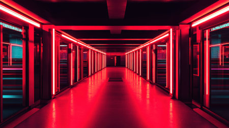 This striking image features a neon-lit corridor exuding a modern and futuristic atmosphere. Red and blue lights create an energetic ambiance, highlighting sleek architectural lines and reflections.の素材