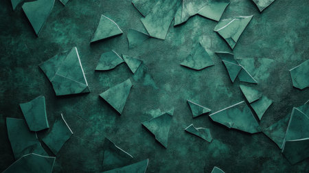 A captivating arrangement of fragmented green art pieces on a textured surface, creating an eye-catching abstract background perfect for modern design themes.の素材