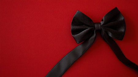 A striking black bow set against a rich red background, perfect for evoking feelings of elegance and celebration. Ideal for gift wrapping or fashion themes.の素材