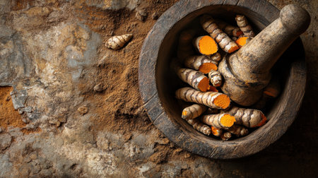 This image features fresh turmeric roots nestled in a wooden bowl, surrounded by a rustic surface covered with ground spice. Ideal for health and culinary themes.の素材