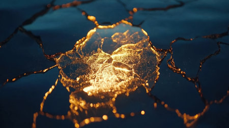 Abstract artwork showcasing glowing golden cracks on a dark water surface, creating a mesmerizing visual effect perfect for artistic design and decor.の素材