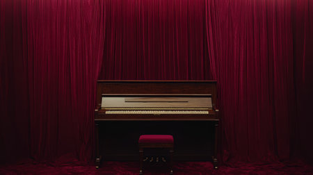This image features an elegant grand piano set against a rich red velvet backdrop, creating a vibrant and artistic atmosphere for music lovers and designers.の素材