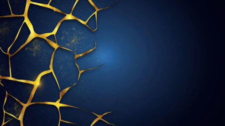 This captivating image features an intricate design of golden cracks set against a deep blue background, exuding elegance and modernity for various creative projects.の素材