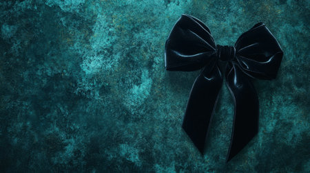 This image features an elegant black ribbon bow resting on an abstract textured background. Ideal for gift wrapping themes and decorative projects.の素材