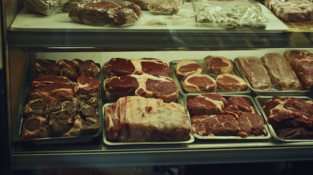 A detailed view of a butcher shop display featuring various cuts of meat. The image showcases fresh selections of beef and pork, neatly packaged and arranged.の素材