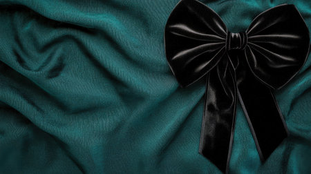 A striking black satin bow elegantly placed on deep teal fabric, creating a sophisticated backdrop that enhances gift wrapping and decoration ideas.の素材