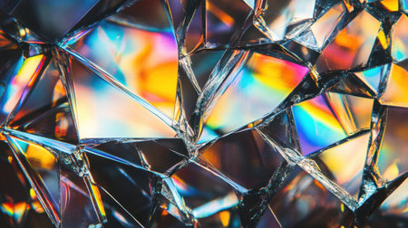 This image showcases a colorful abstract background featuring shattered glass with vibrant reflections and light patterns. The prism effect creates a mesmerizing visual experience, perfect for modern design projects.の素材