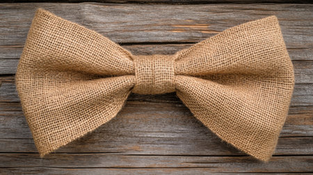 A rustic burlap bow tie rests gracefully on an aged wooden surface, showcasing natural textures and earthy charm perfect for various festive occasions.の素材