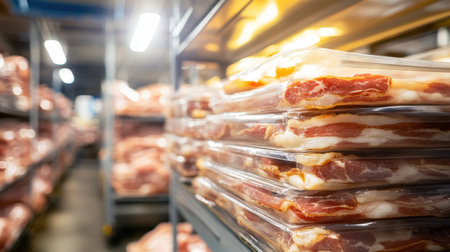This image showcases an industrial meat storage facility with neatly packaged meat products in transparent trays on metal shelves, emphasizing organization and freshness.の素材