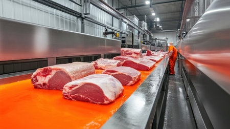 Fresh cuts of meat are displayed on a processing line in a modern meat facility. The environment emphasizes hygiene and safety standards.の素材