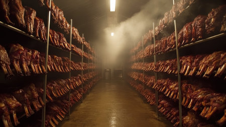Explore a captivating smokehouse interior with rows of hanging meat on wooden racks. The ethereal fog creates a unique atmosphere perfect for culinary enthusiasts.の素材