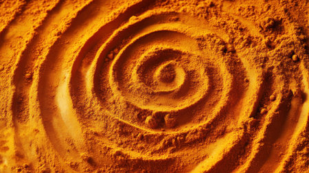 This image showcases bright orange turmeric powder artistically arranged in swirling patterns on a dark surface, highlighting its vibrant color and texture.の素材