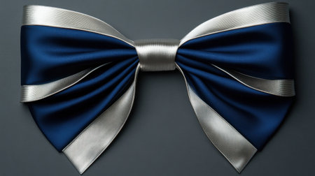 This image features an elegant navy blue and silver satin ribbon bow with flowing streamers, ideal for gift wrapping and festive celebrations.の素材