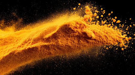 A stunning capture of vibrant golden turmeric powder swirling in motion against a dark backdrop. This image highlights the spice's rich color and texture, ideal for culinary and health-related themes.の素材
