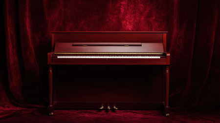 A beautifully crafted grand piano stands elegantly against a rich red curtain, bathed in soft lighting, ideal for music, art, and interior decor themes.の素材