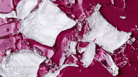 This stunning close-up image features fragments of clear ice on a vibrant pink surface, showcasing unique textures and light reflections in a modern aesthetic.の素材