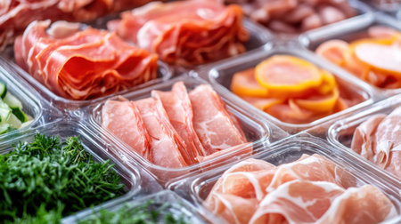 A colorful display of freshly sliced meats and garnishes arranged in clear plastic containers, perfect for culinary presentations or gourmet meals.の素材