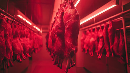 This striking image features freshly hung meat in a chilled room illuminated by red light, showcasing the butchery process with vibrant colors and textures.の素材