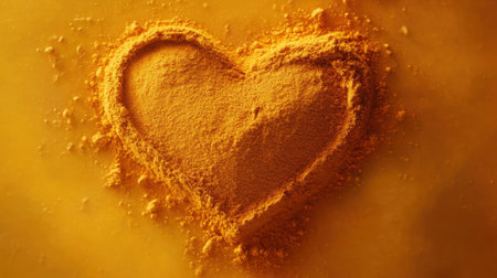 A heart shape crafted from ground turmeric powder on a bright yellow background, symbolizing love and health in culinary and lifestyle themes.の素材
