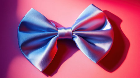 This striking image features an elegant blue satin bow set against a vibrant pink and blue background, showcasing stunning texture and contrast. Perfect for festive themes.の素材