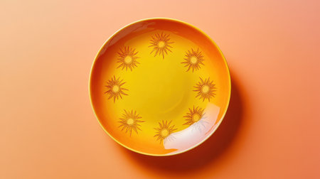 A bright yellow bowl featuring a sun motif rests on a soft gradient orange background. Perfect for enhancing home decor and dining experiences.の素材