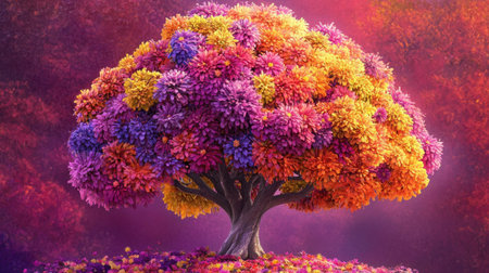 A stunning tree adorned with vibrant blossoms in purple, orange, and pink hues creates a captivating visual against a dreamy backdrop, perfect for artistic projects.の素材