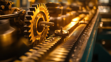 This image showcases a close-up view of industrial gears and cogs illuminated by soft ambient lighting, highlighting the intricate details and craftsmanship of machinery in a factory.の素材