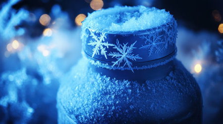 A frosty jar covered in snowflakes captures the essence of winter with its icy appearance and blurred background lights, creating a magical ambiance.の素材