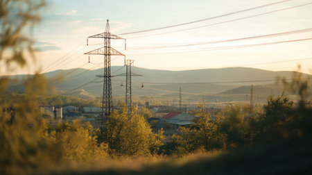 A serene landscape featuring power lines against a stunning sunset backdrop, showcasing mountains and lush greenery in a tranquil rural setting.の素材