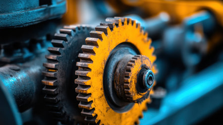 This close-up image captures a yellow gear on industrial machinery, showcasing intricate mechanics, metalwork, and the beauty of engineering.の素材