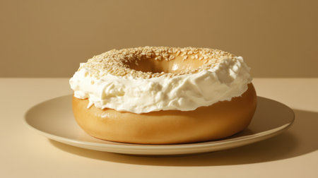 This image features a soft bagel topped with a creamy frosting and sesame seeds, artfully placed on a plate, ideal for desserts or breakfast themes.の素材