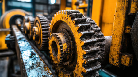This image captures a detailed view of industrial gears with vibrant yellow paint, showcasing the rugged textures and grease found in a busy workshop.の素材