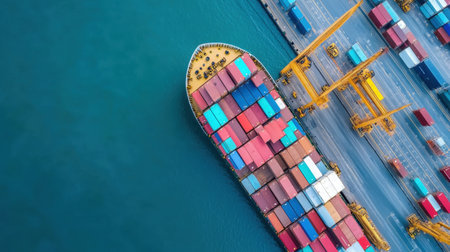 An aerial view showcases a cargo ship filled with brightly colored containers docked at a bustling container terminal, reflecting the efficiency of global trade.の素材