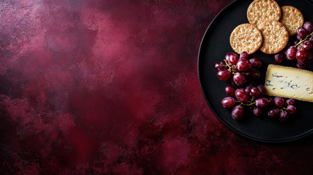 A stunning arrangement of fresh grapes, assorted cheeses, and crackers on a round black platter, set against a rich burgundy background ideal for an elegant dining presentation.の素材