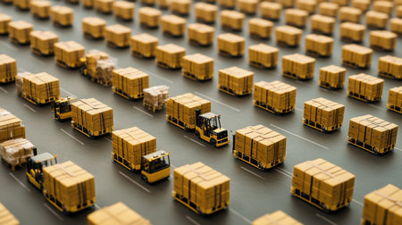 This image showcases the meticulous organization of yellow pallets and forklifts in a vast logistics warehouse, emphasizing efficient operational practices.の素材