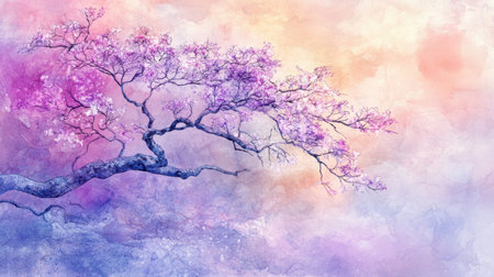 This artistic image features a branch with beautiful blossoms set against a soft pastel background. Pink and purple hues create a serene atmosphere perfect for nature-themed projects.の素材