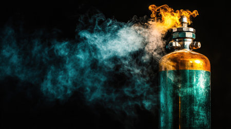 A striking image of an industrial gas cylinder emitting colorful flames and smoke, creating an intense visual impact against a dark backdrop.の素材