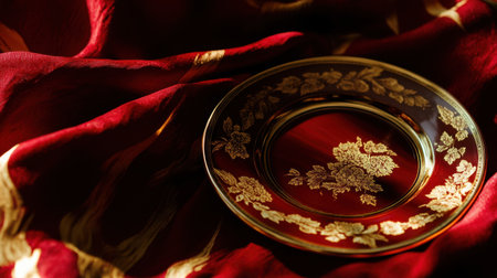 A stunning vintage plate rests on luxurious red fabric, featuring intricate gold floral designs. The soft shadows enhance its elegance and beauty.の素材