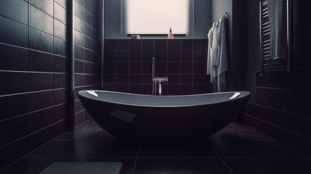 A modern minimalist bathroom featuring an elegant freestanding bathtub with stylish decor and warm tones, creating a serene and relaxing atmosphere.の素材