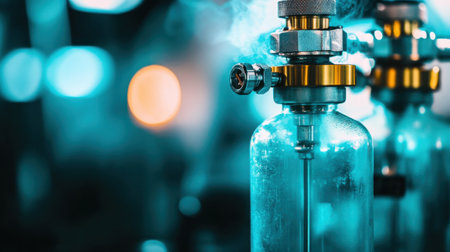 Close-up view of a gas cylinder in a laboratory setting, featuring smoke and bokeh effects, highlighting industrial equipment and technology in action.の素材