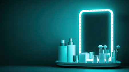 A chic vanity arrangement featuring an illuminated mirror and neatly organized beauty products in shades of turquoise, perfect for modern home aesthetics.の素材